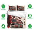 Firefighter bedding set shown with matching fire truck pillowcases and bold red, black, and cream artwork