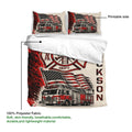 Firefighter duvet cover featuring fire truck artwork, American flags, and a soft breathable fabric callout