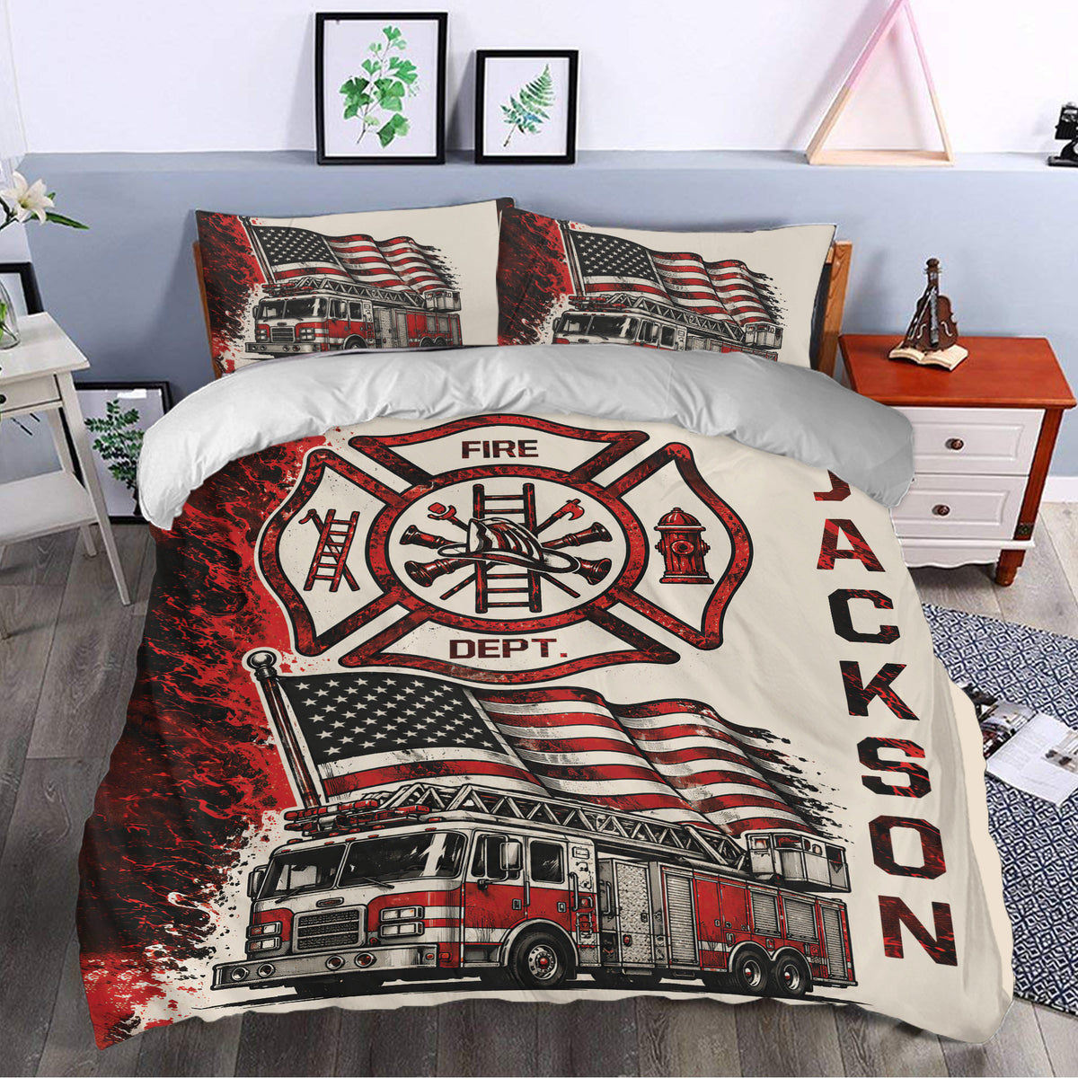 Firefighter bedroom decor with a red fire truck duvet cover, firefighting emblem, and matching pillowcases