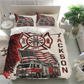 Firefighter duvet cover set styled in a bedroom with fire truck, helmet, ladder, hydrant, and flag artwork