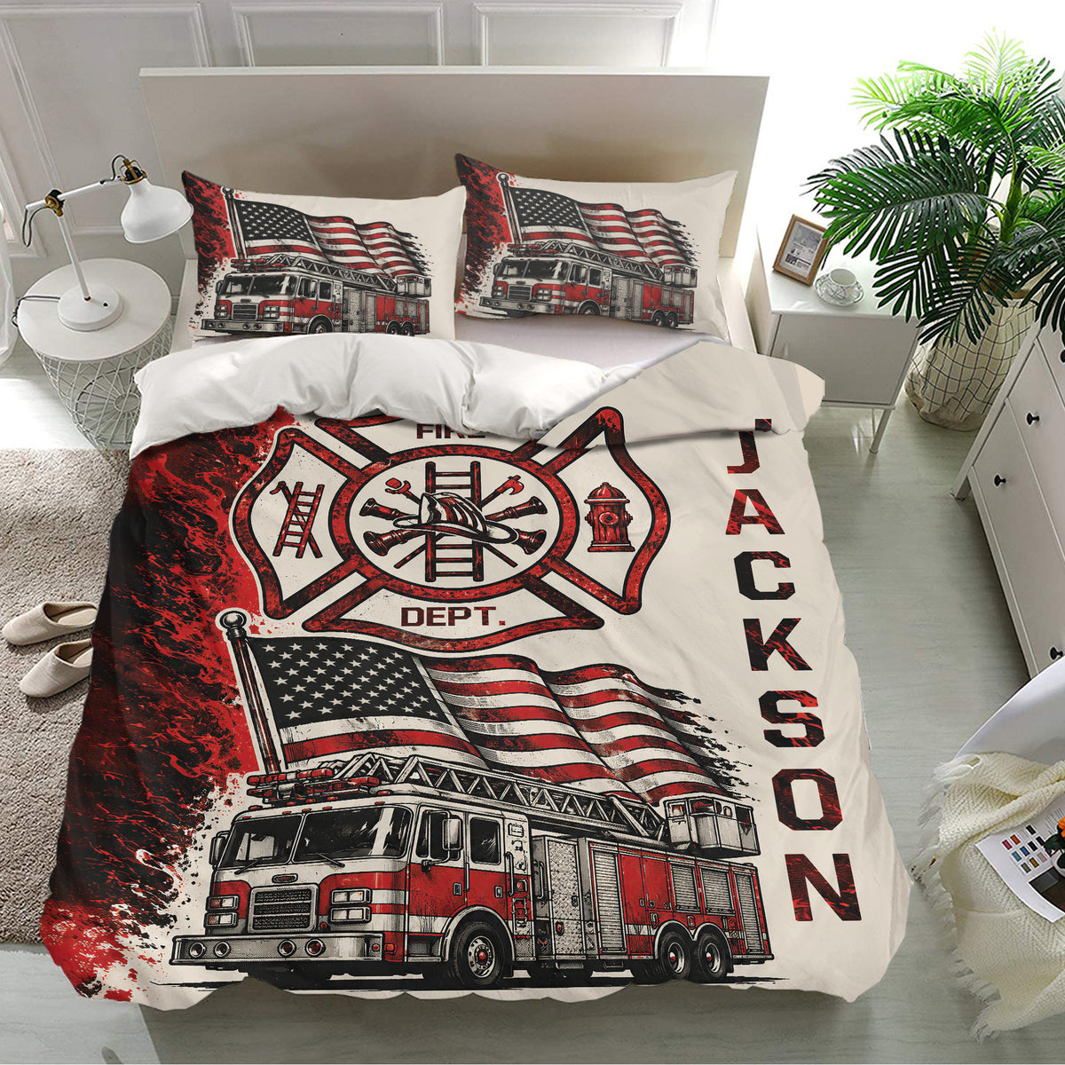 Firefighter duvet cover set styled in a bedroom with fire truck, helmet, ladder, hydrant, and flag artwork