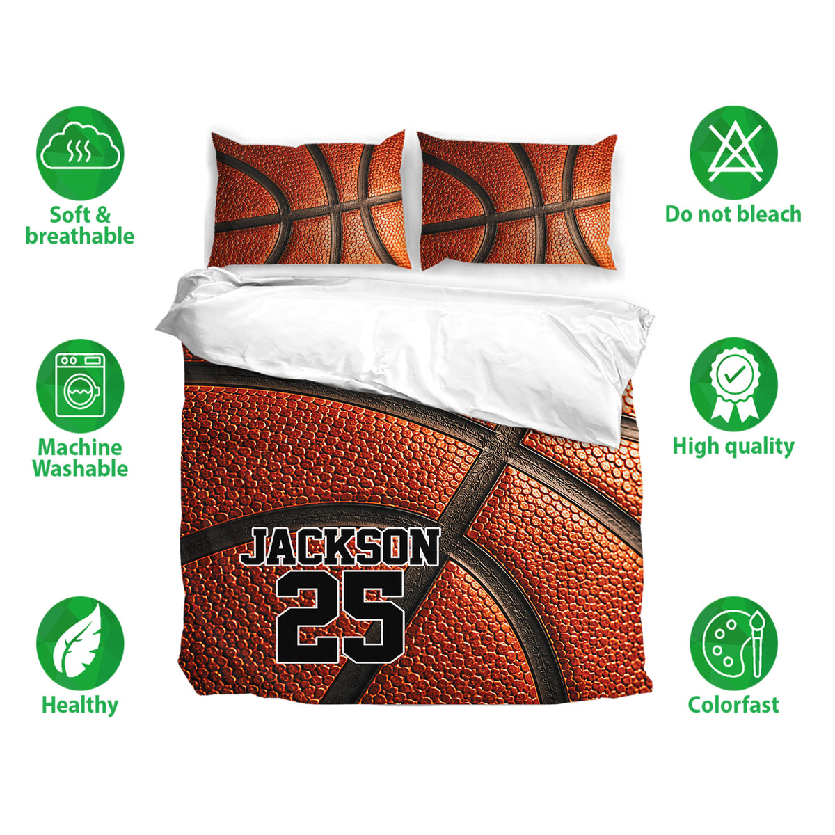 Basketball duvet cover bedding set with matching pillowcases and soft, breathable fabric feature icons