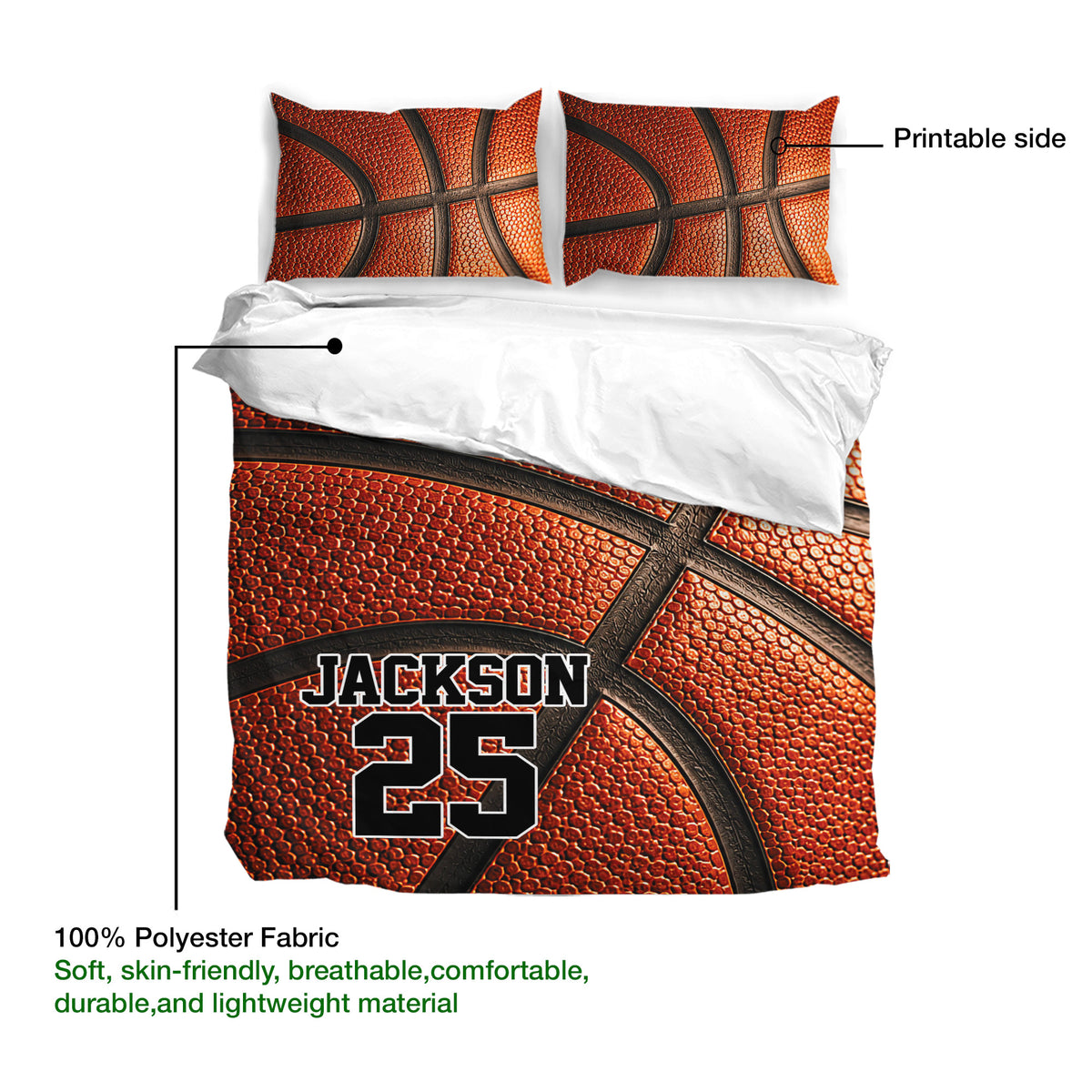 Basketball duvet cover set showing orange textured artwork, matching pillowcases, and printable fabric details