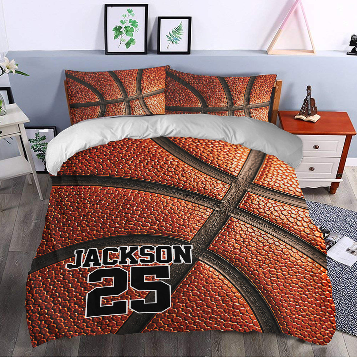 Basketball duvet cover bedding set styled in a bedroom with bold orange artwork and sporty bedroom decor