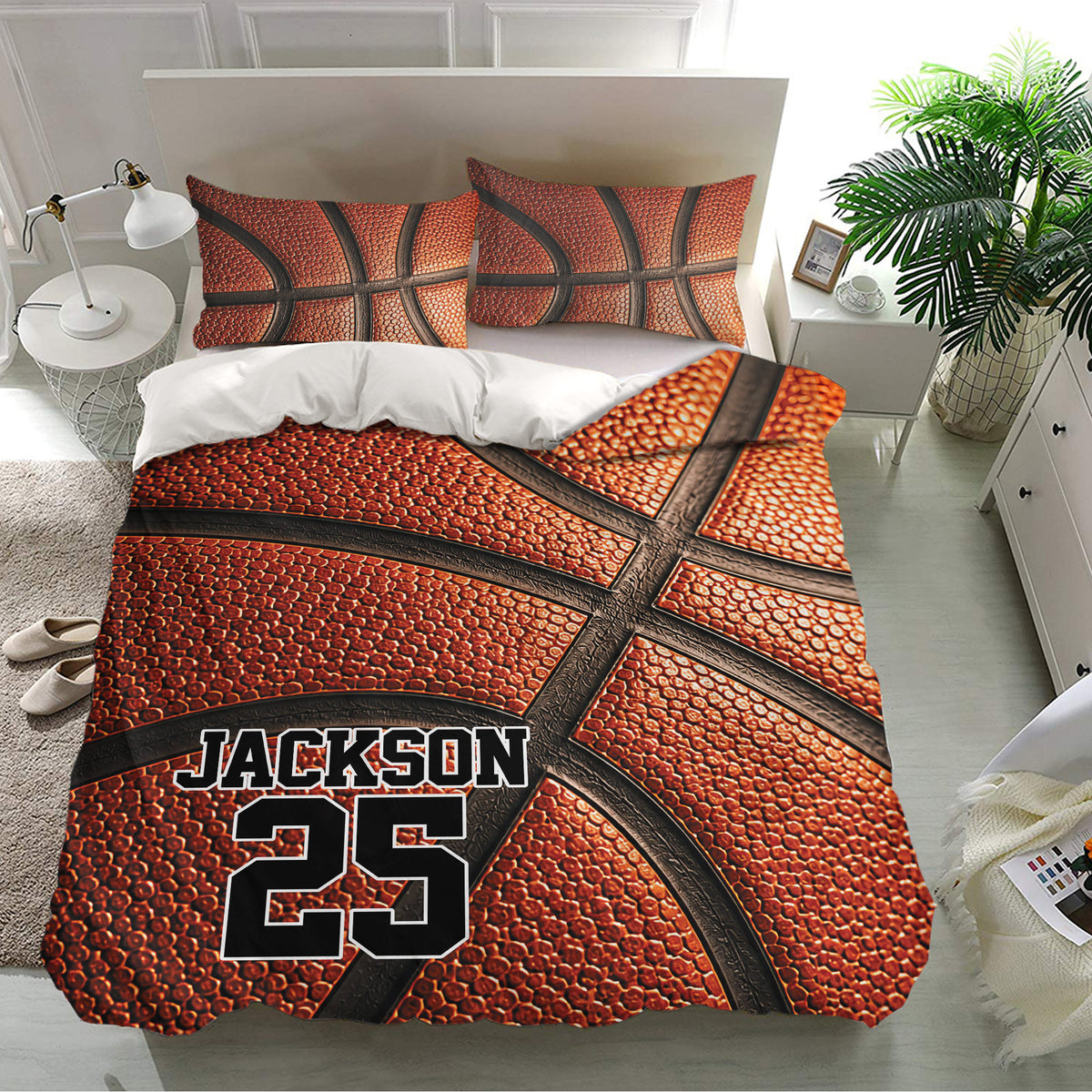 Basketball bedding set presented in a bright bedroom with matching pillows and an orange textured design