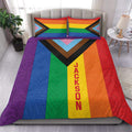 LGBT pride duvet cover set with colorful inclusive rainbow flag design styled in a modern bedroom