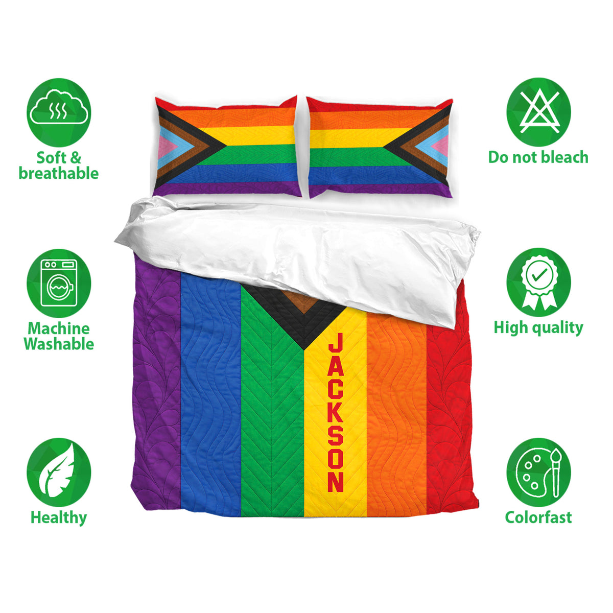LGBT rainbow pride bedding set displayed with matching pillowcases and soft breathable fabric details