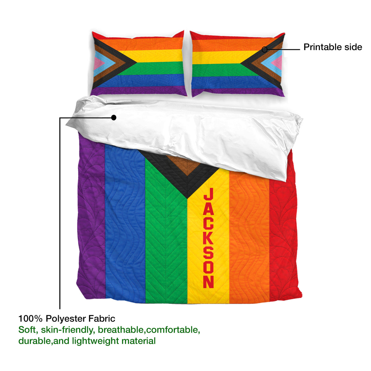 Inclusive LGBT pride duvet cover showing the colorful printable side and lightweight polyester fabric