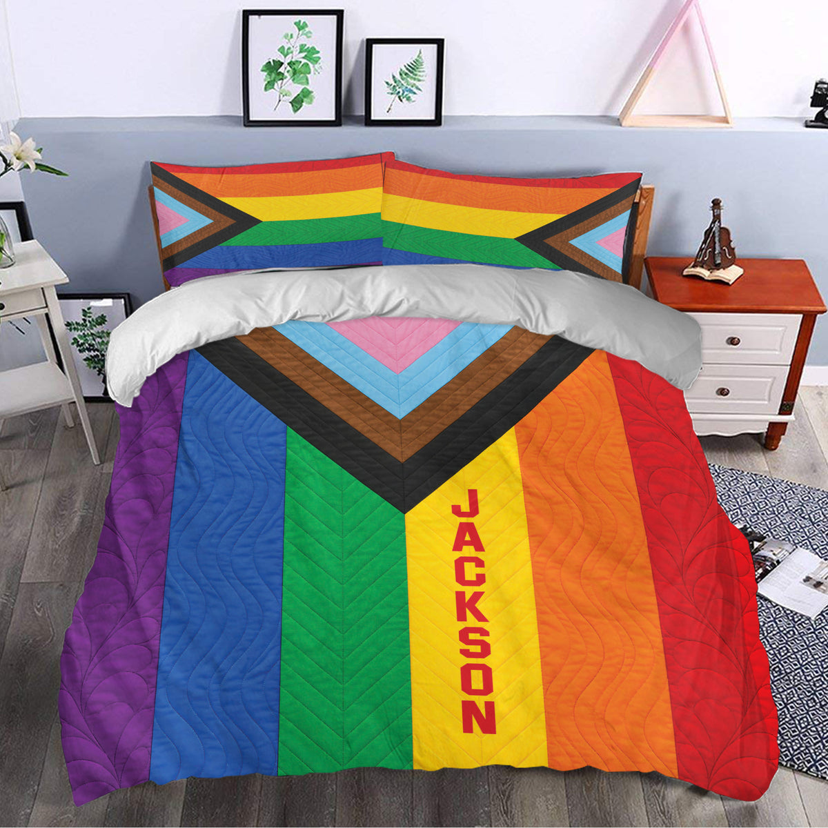 Colorful LGBT pride duvet cover set styled across a bedroom with matching rainbow flag pillowcases