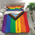 Bright rainbow LGBT bedding set with inclusive pride flag design presented in a contemporary bedroom