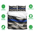Police bedding set with distressed blue line flag artwork shown with soft breathable and care feature icons