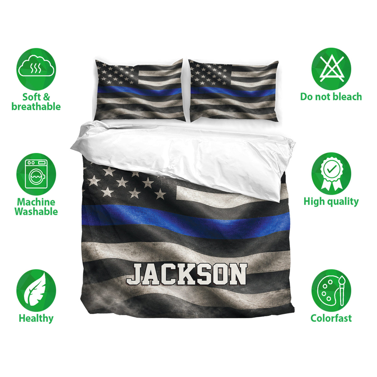 Police bedding set with distressed blue line flag artwork shown with soft breathable and care feature icons