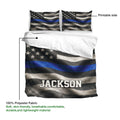 Police duvet cover set detail showing blue line flag artwork, custom text, and polyester fabric callout