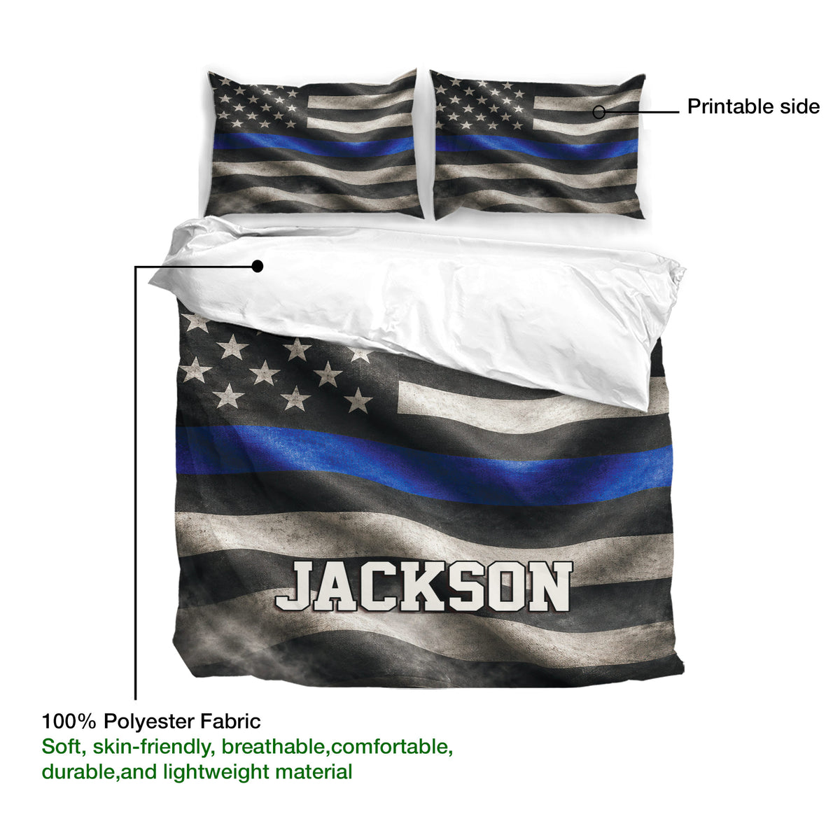Police duvet cover set detail showing blue line flag artwork, custom text, and polyester fabric callout