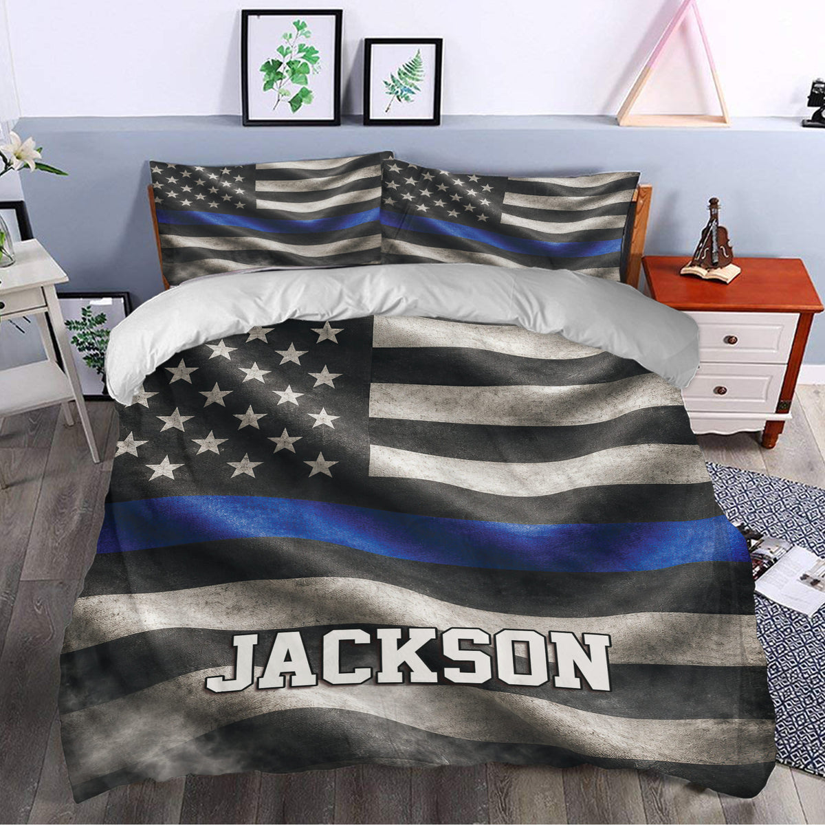 Police bedroom decor featuring a blue line flag duvet cover set styled on a modern bed