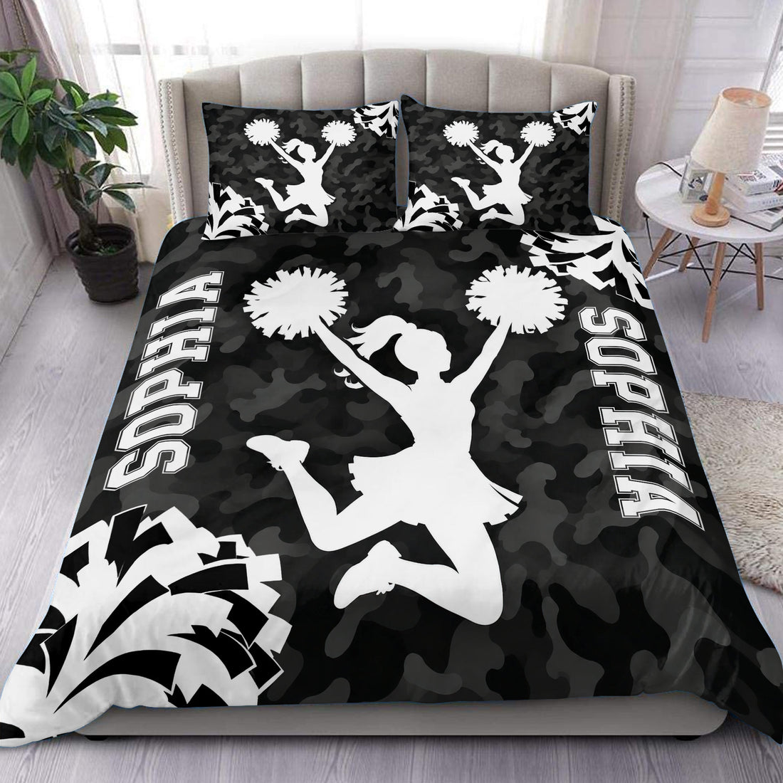 Black camouflage cheerleading duvet cover set with white pom-pom cheerleader silhouettes and bold lettering