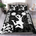 Black camouflage cheerleading duvet cover set with white pom-pom cheerleader silhouettes and bold lettering