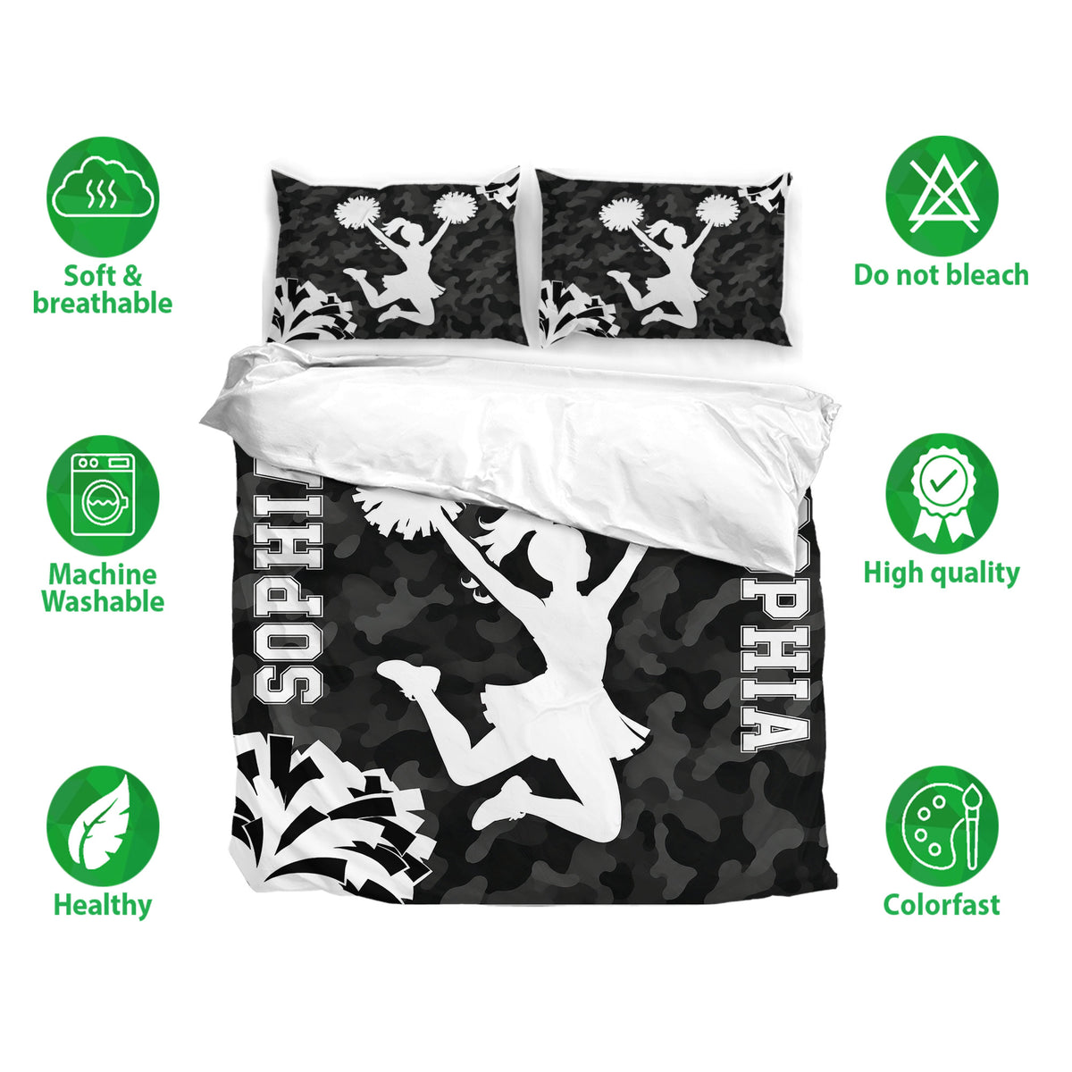 Cheerleading duvet cover bedding set displayed with matching pillowcases and soft breathable fabric icons