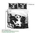 Cheerleading bedding set feature graphic showing printable side and 100% polyester fabric details