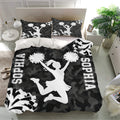 Cheerleading duvet cover bedding set in a bright bedroom with matching pillowcases and camouflage design