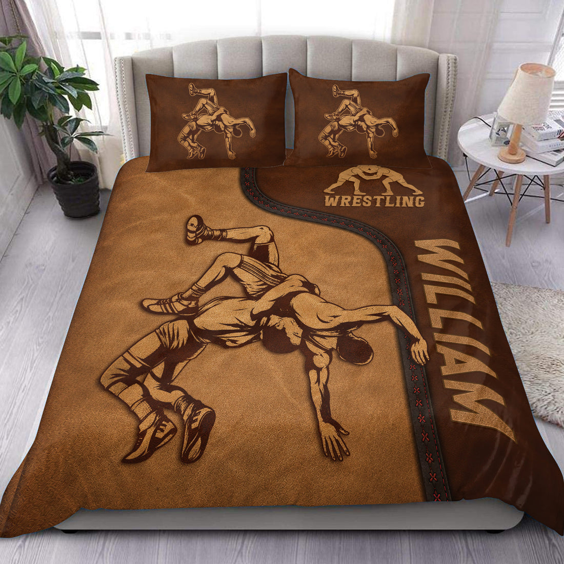 Brown wrestling duvet cover set displayed on a bed with grappling artwork and matching pillowcases