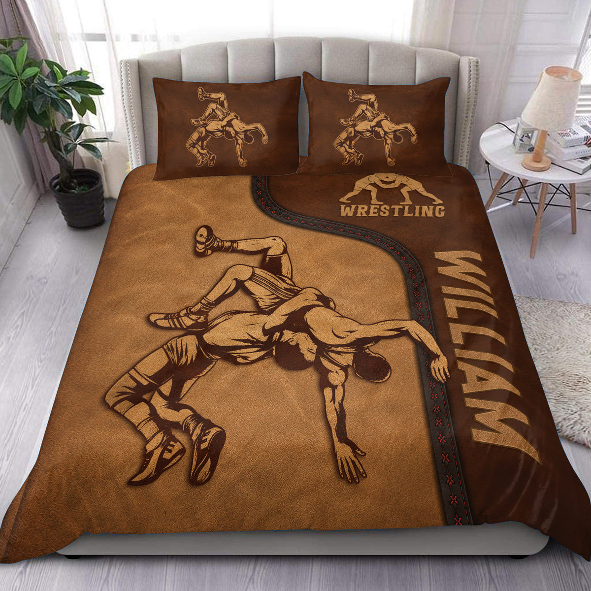 Brown wrestling duvet cover set displayed on a bed with grappling artwork and matching pillowcases