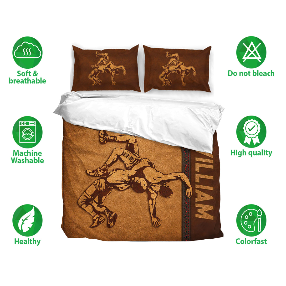 Wrestling bedding set shown with matching pillowcases and bold brown grappling artwork
