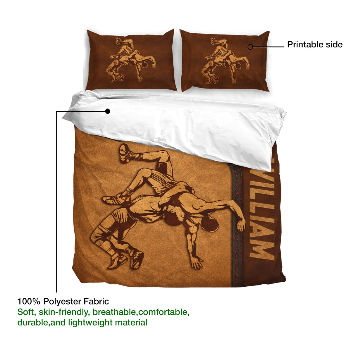 Wrestling duvet cover with matching pillowcases and a close view of the printed fabric design
