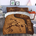 Wrestling duvet cover bedding set styled in a modern bedroom with dramatic grappling artwork