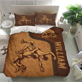 Brown wrestling bedding set presented in a bright bedroom with matching pillows and athletic artwork