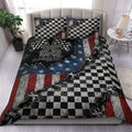 Racing duvet cover set with checkered flags, red and blue accents, and bold motorsport bedroom decor