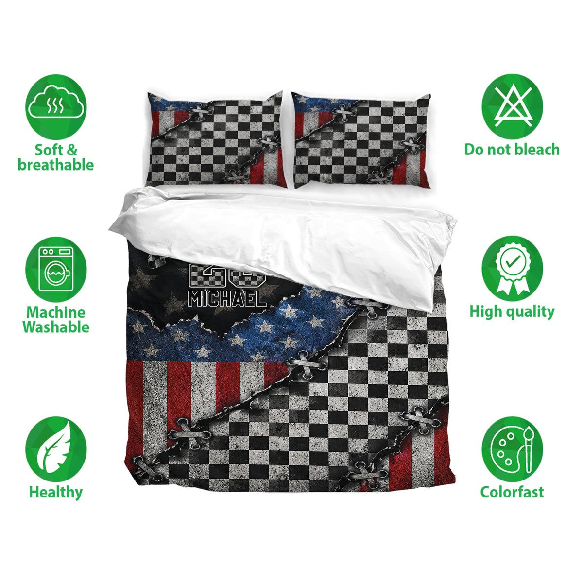Racing bedding set displayed with checkered flag artwork, soft breathable fabric, and bold red blue colors