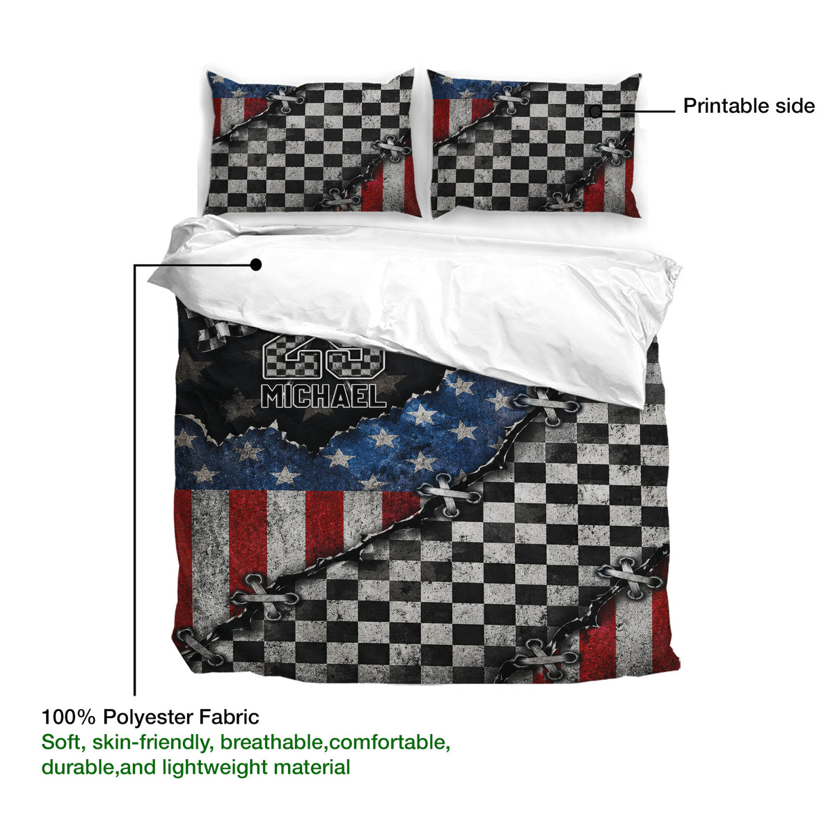 Racing duvet cover set showing the printable side and textured checkered flag artwork