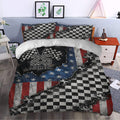 Racing duvet cover bedding set styled in a modern bedroom with checkered flags and patriotic colors