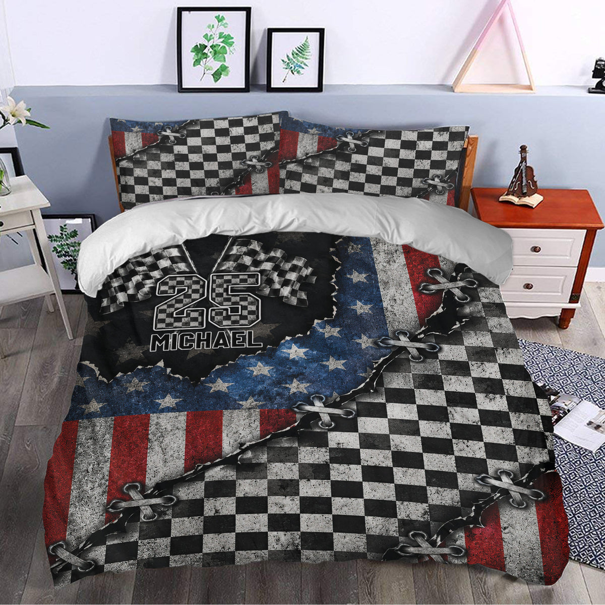 Racing duvet cover bedding set styled in a modern bedroom with checkered flags and patriotic colors