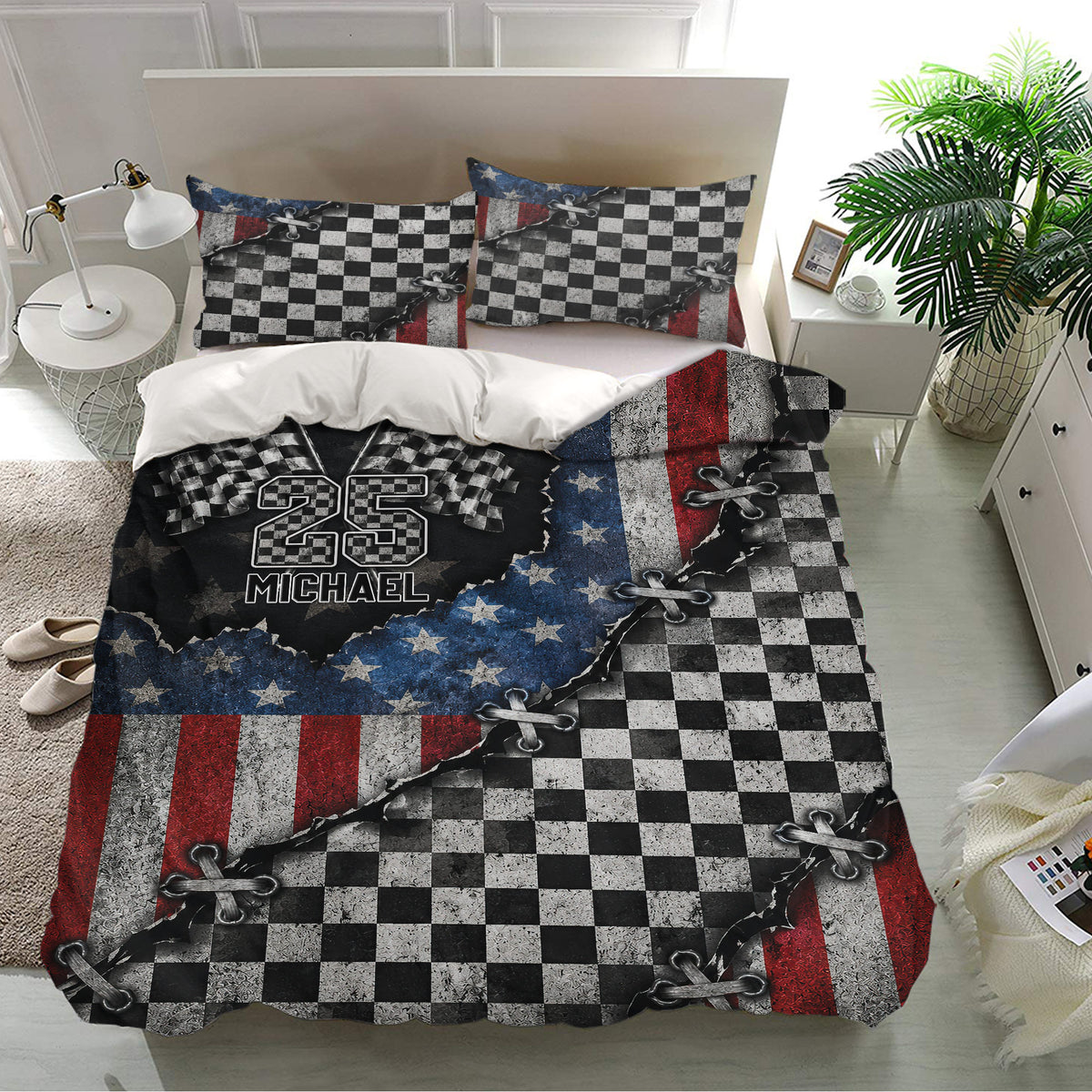 Motorsport racing duvet cover set presented on a bright bedroom with checkered flag and star graphics