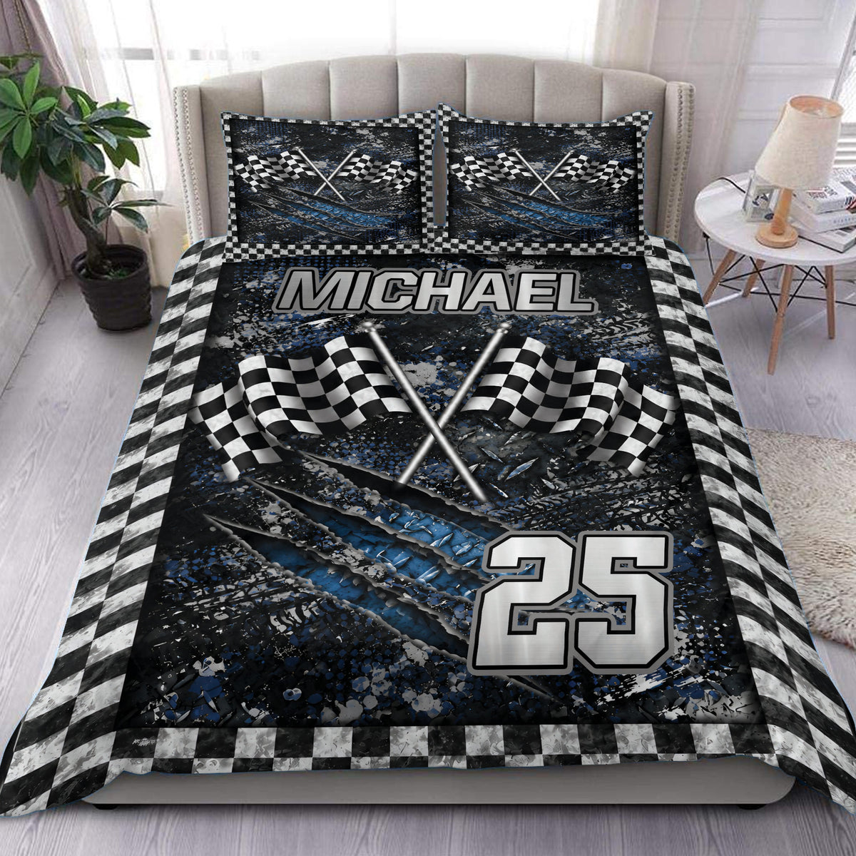 Racing duvet cover set with crossed checkered flags, blue-black graphics, and a checkered border