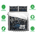 Racing bedding set displayed with crossed flags, checkered details, and product care feature icons