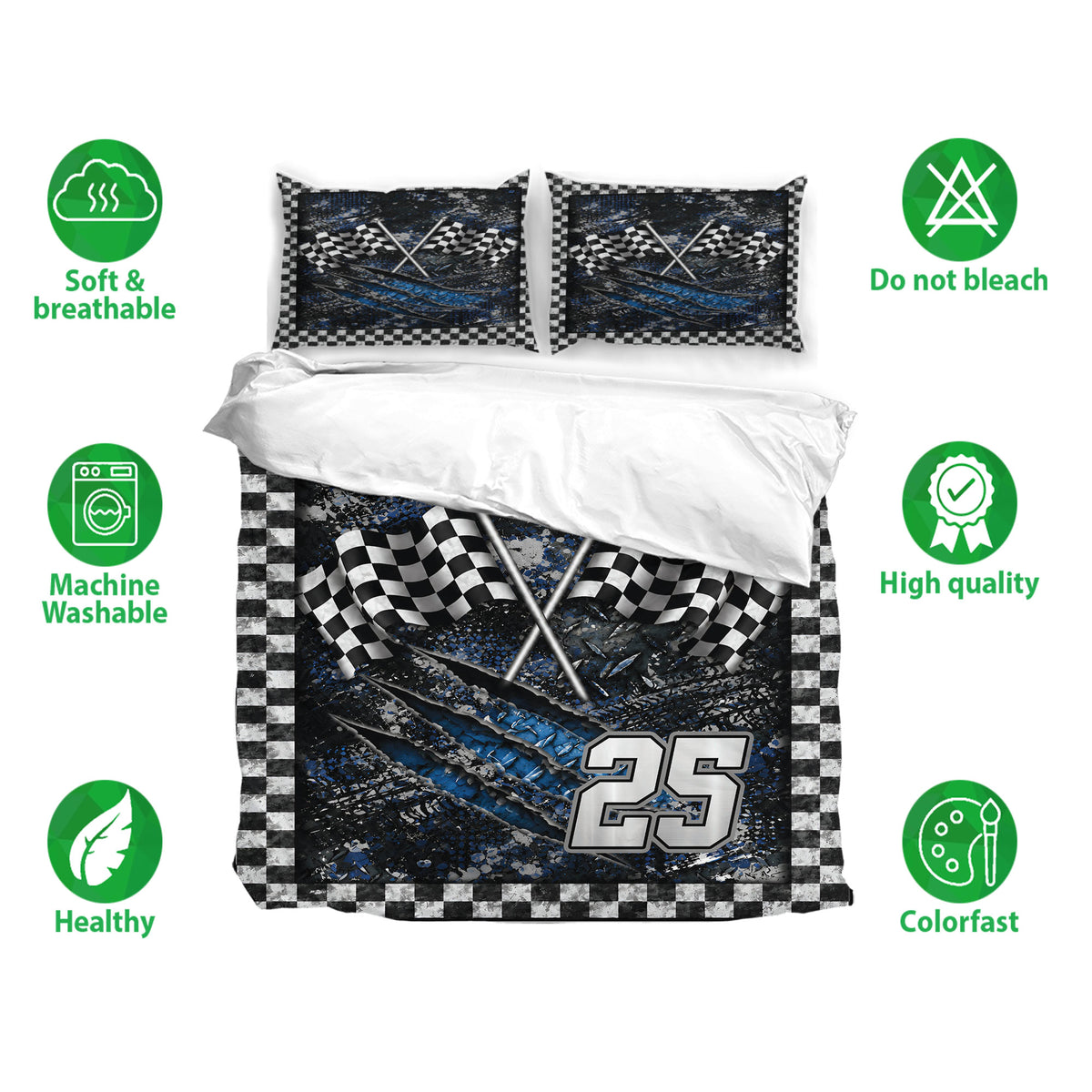 Racing bedding set displayed with crossed flags, checkered details, and product care feature icons