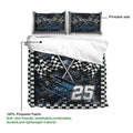 Racing duvet cover and pillowcases shown with a printable side and bold checkered flag artwork