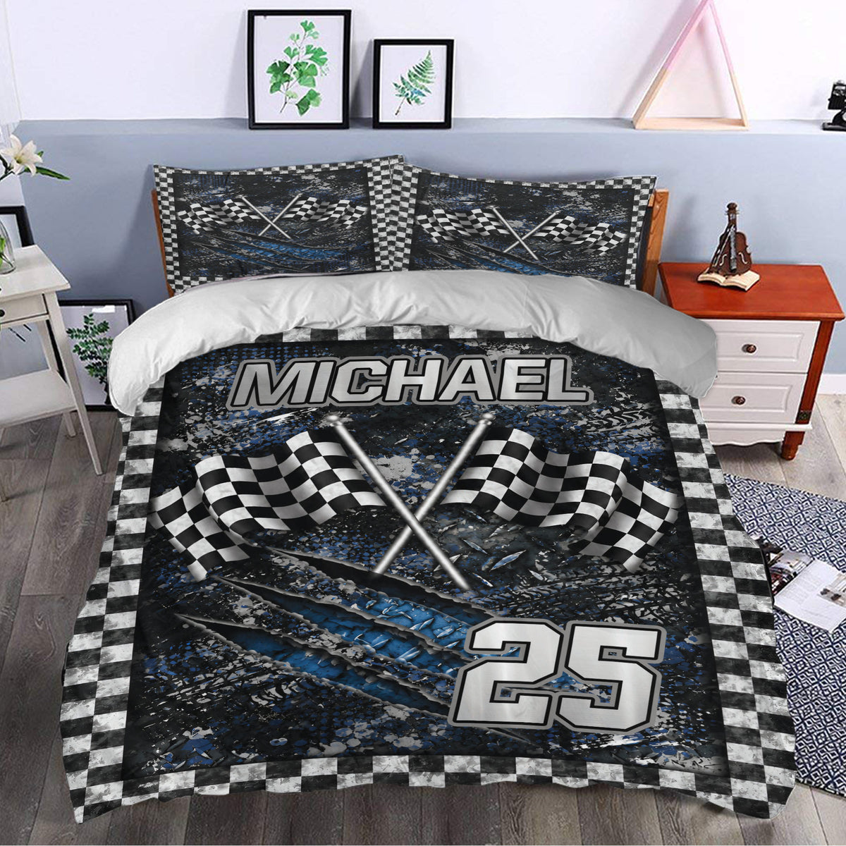 Racing duvet cover set styled in a modern bedroom with blue-black graphics and crossed flags