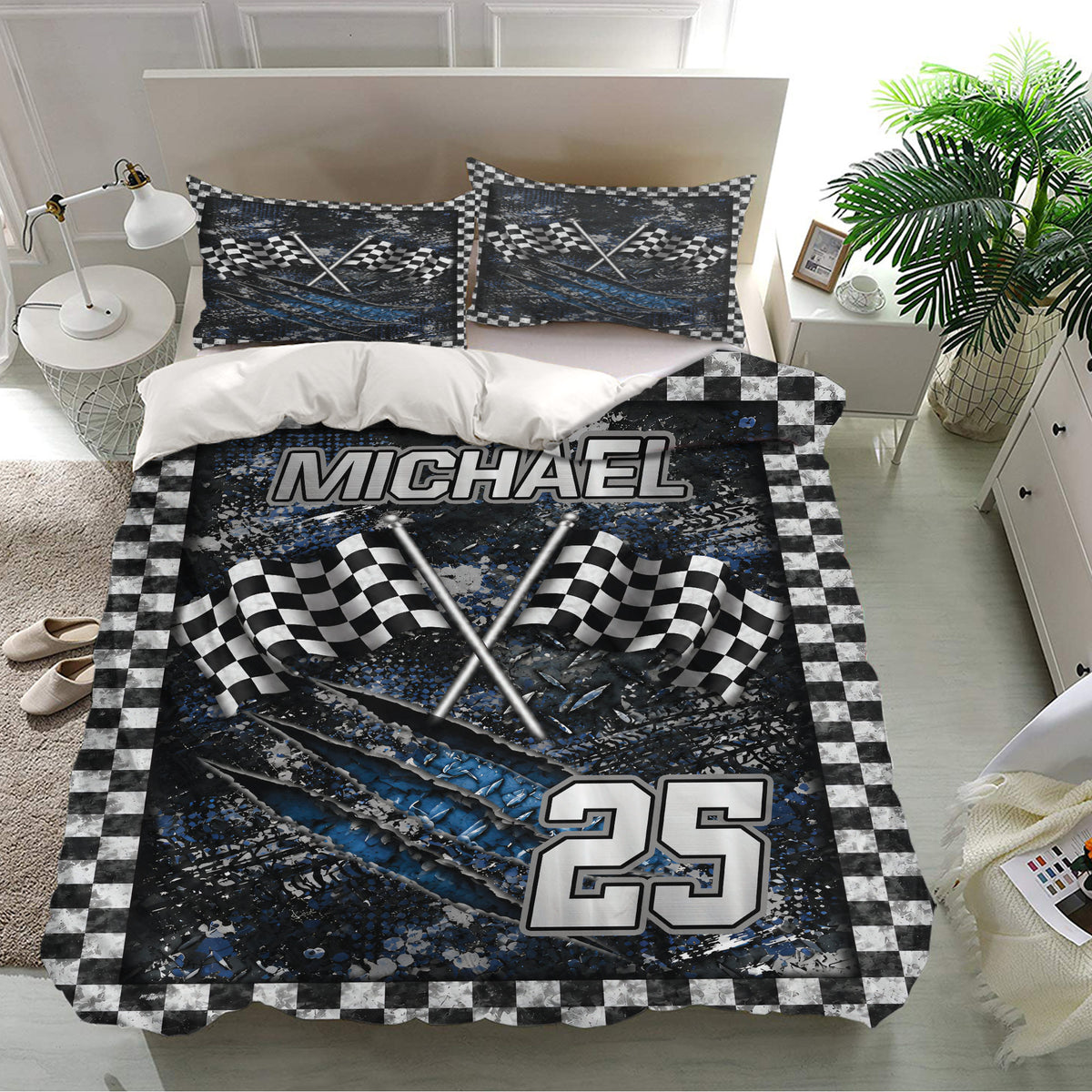 Racing bedding set presented in a bright bedroom with checkered borders and bold flag artwork