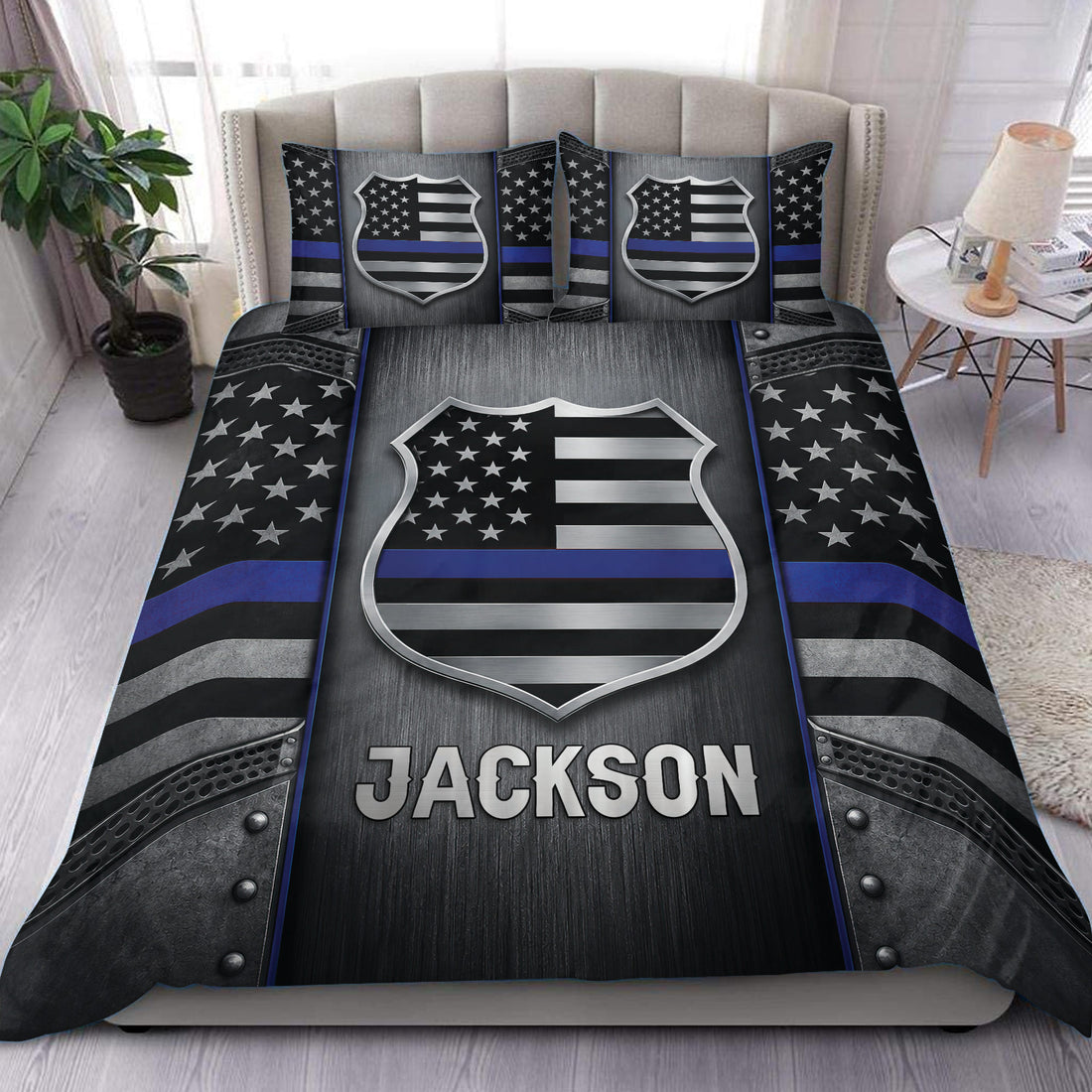 Police duvet cover set displayed on a bed with thin blue line badge artwork in black, gray, silver, and blue