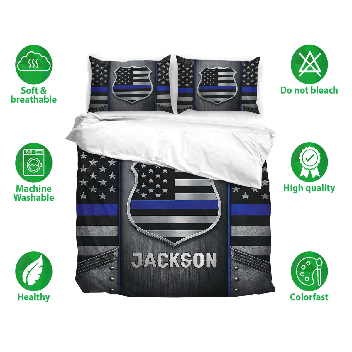 Police bedding set presentation with thin blue line badge artwork and matching pillowcases in a bold dark design