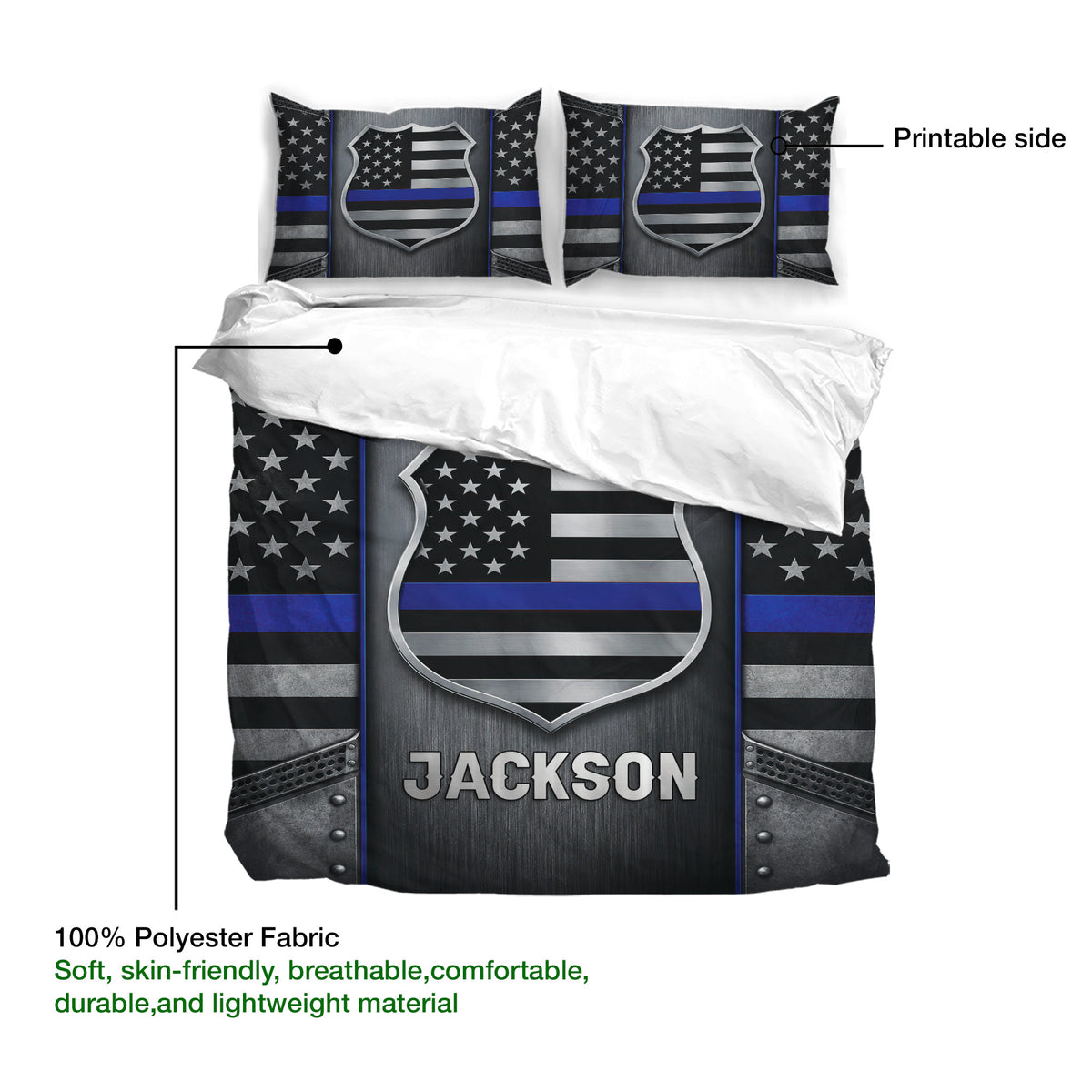 Police duvet cover set showing the printable side with badge artwork, star details, stripes, and dark textures