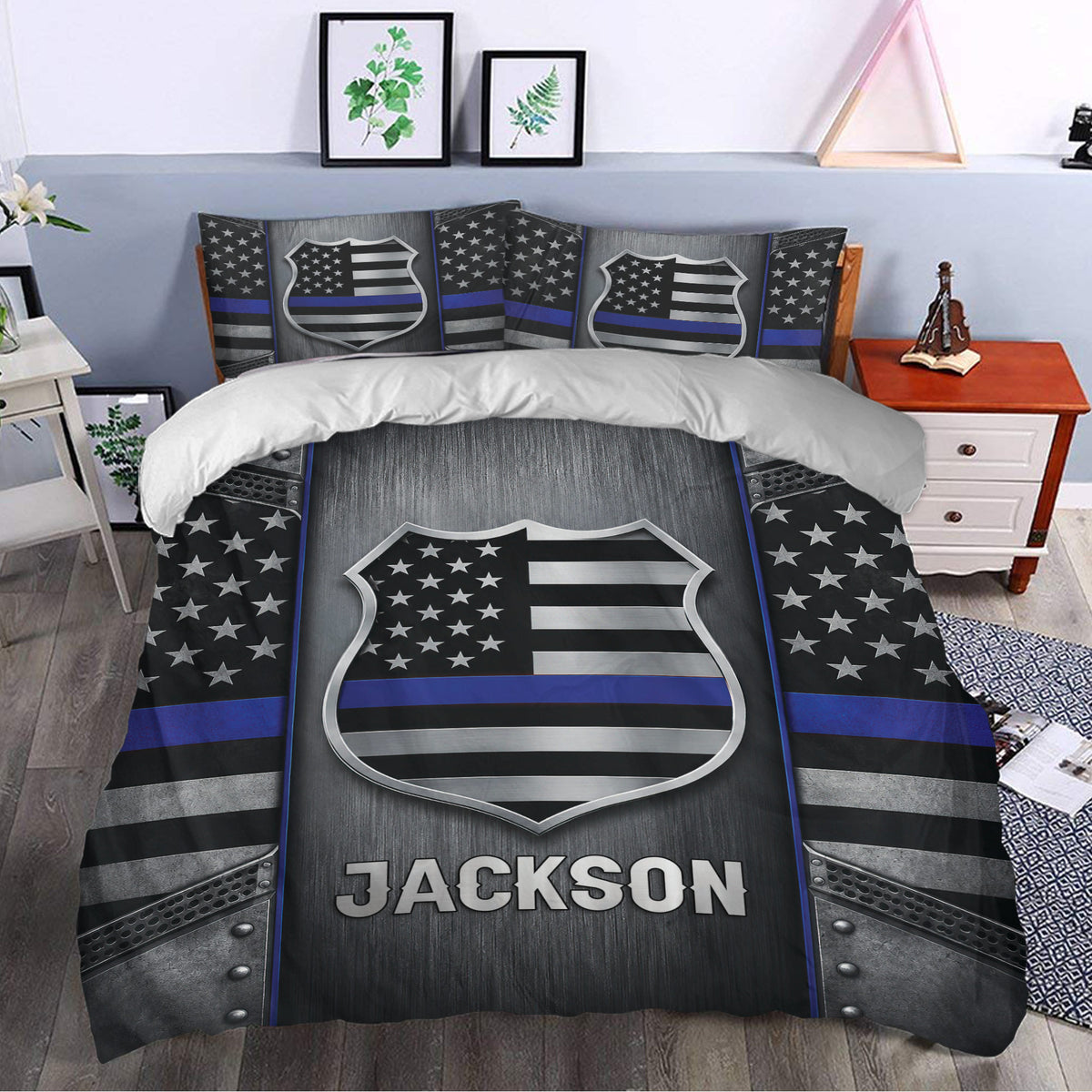 Police duvet cover bedding set styled in a bedroom with a large thin blue line badge design