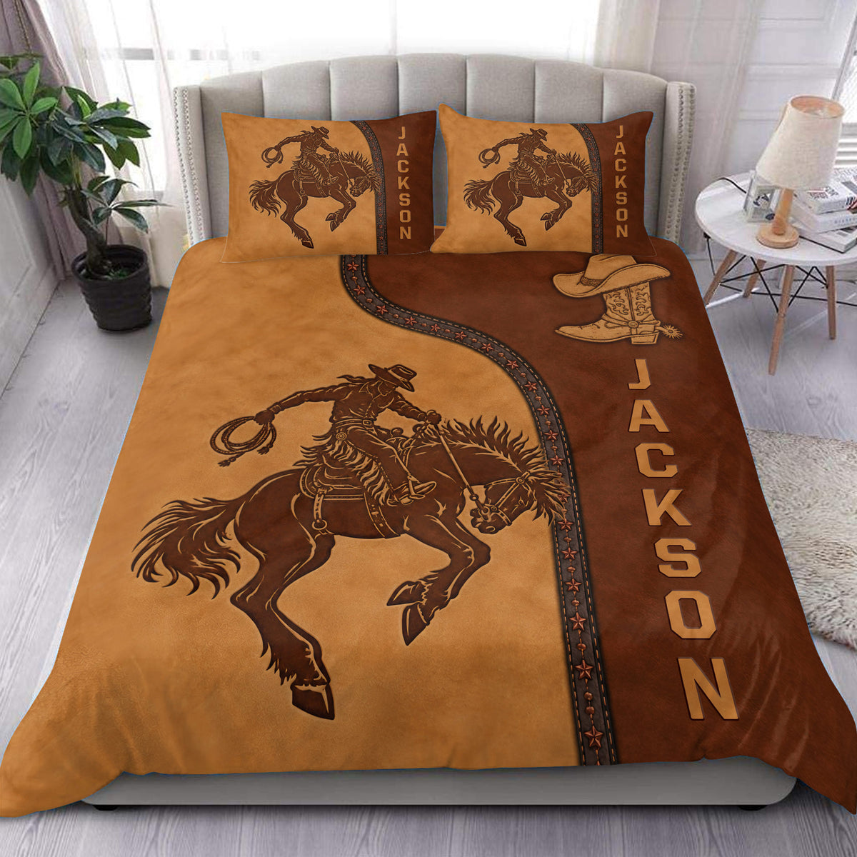 Rodeo duvet cover set displayed on a bed with a cowboy rider, western boots, and warm brown artwork