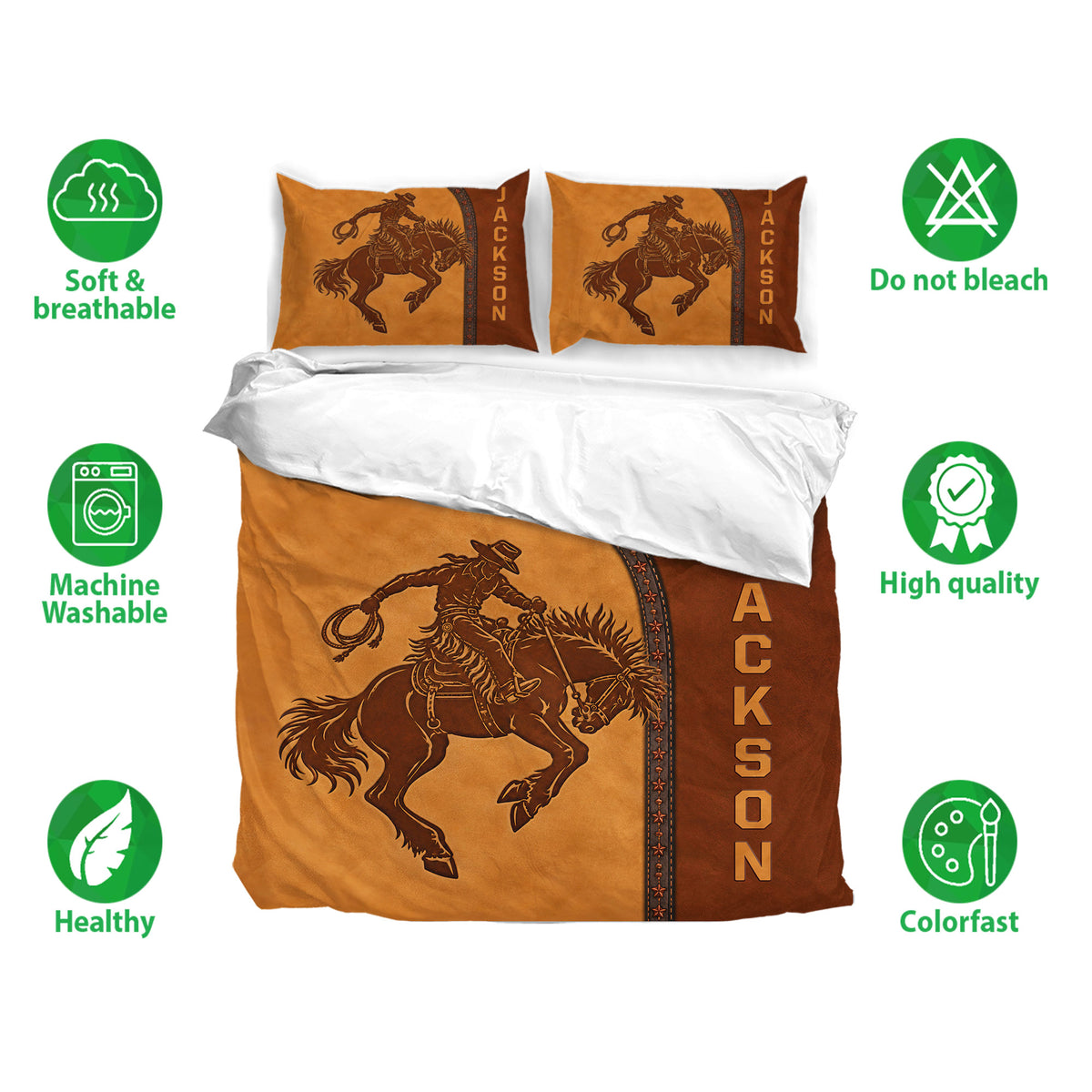 Rodeo bedding set featuring a cowboy rider design in warm brown and golden western colors