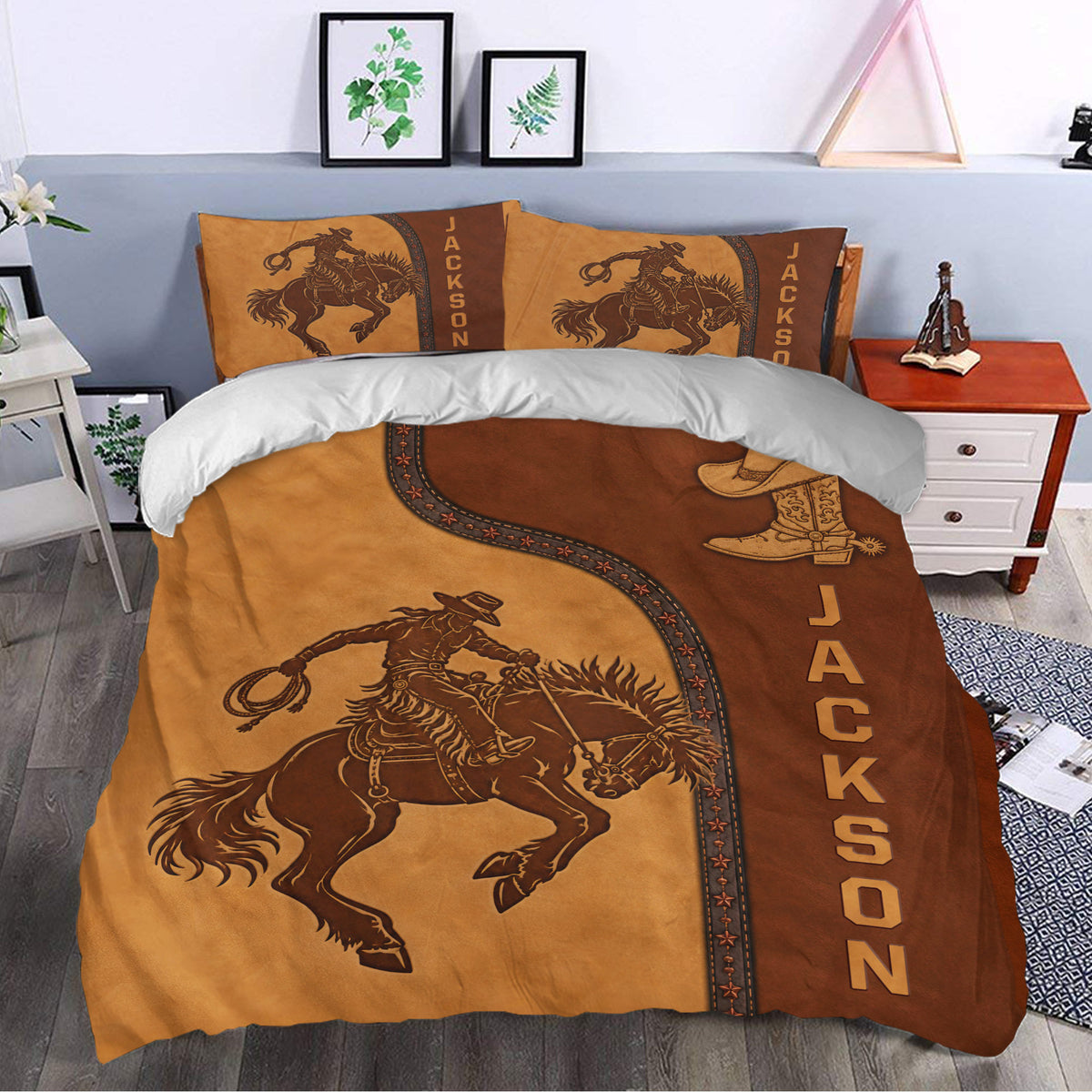 Rodeo duvet cover styled in a bedroom with cowboy rider artwork, western boots, and rustic brown tones