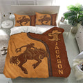 Western rodeo bedding set displayed in a bright bedroom with cowboy rider and saddle-inspired artwork